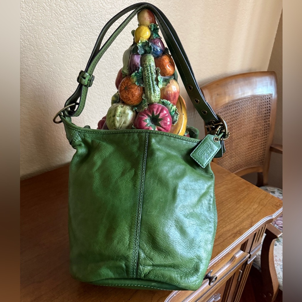 Vintage Coach Tattersall Bleecker Green Leather Bucket Shoulder Handbag #11422
